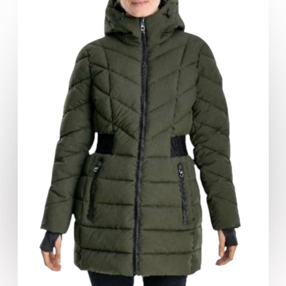 Michael Kors Olive Green 3/4 Puffler Coat with Black MK Logo Belt Large Like New
